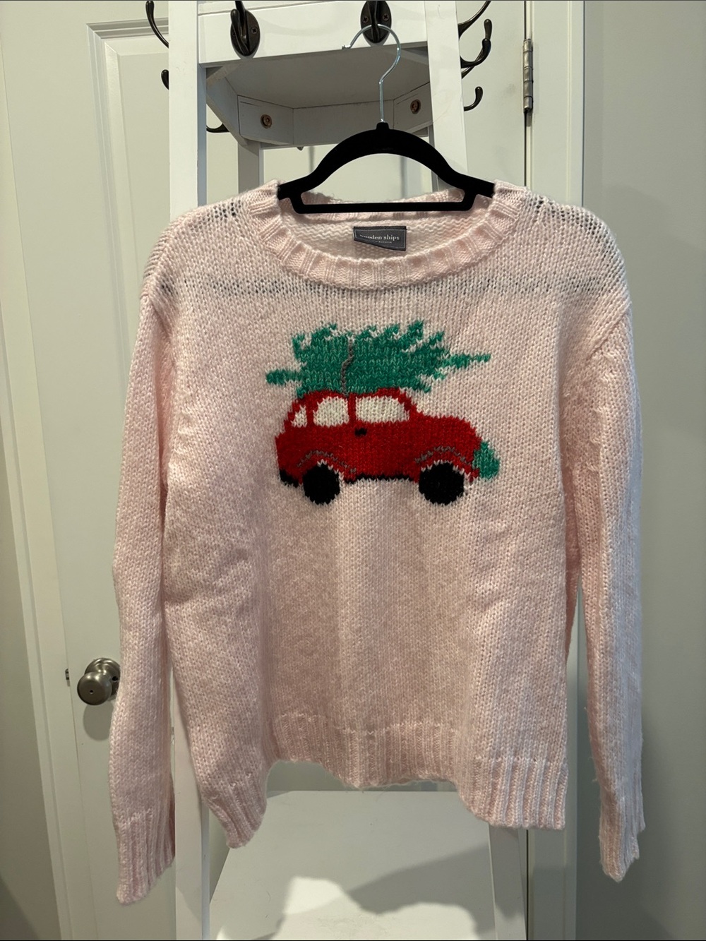 Wooden Ships Pale Pink Crewneck Sweater with Red Car and Green Tree